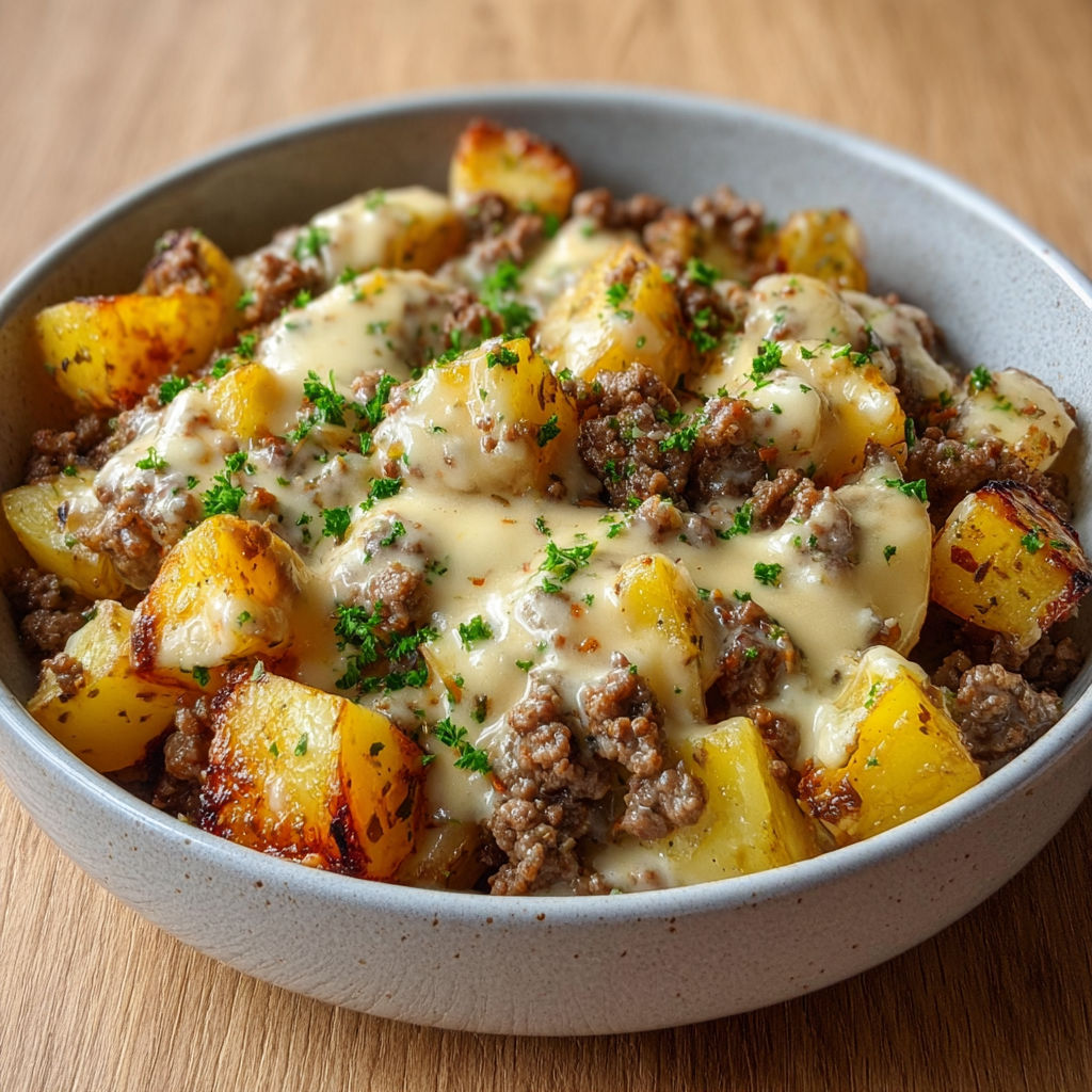 Poêlée maison ultra gourmande de viande et pommes de terre au fromage.