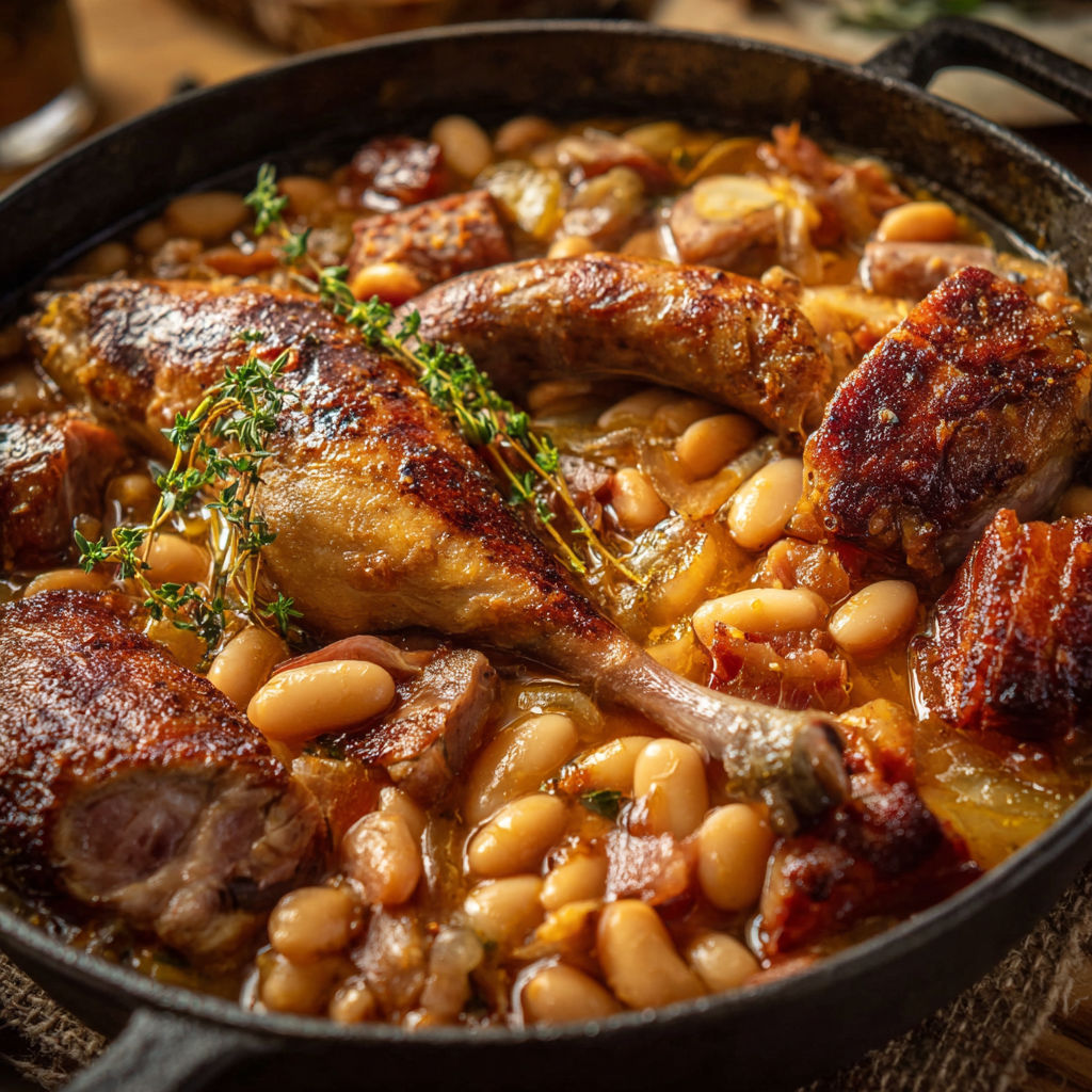 Cassoulet à la Cocotte, une recette traditionnelle française, est servie dans un bol en fonte.