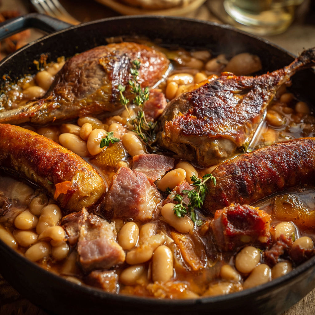 Une recette de Cassoulet traditionnel à la cocotte aux haricots fondants et viandes confites.
