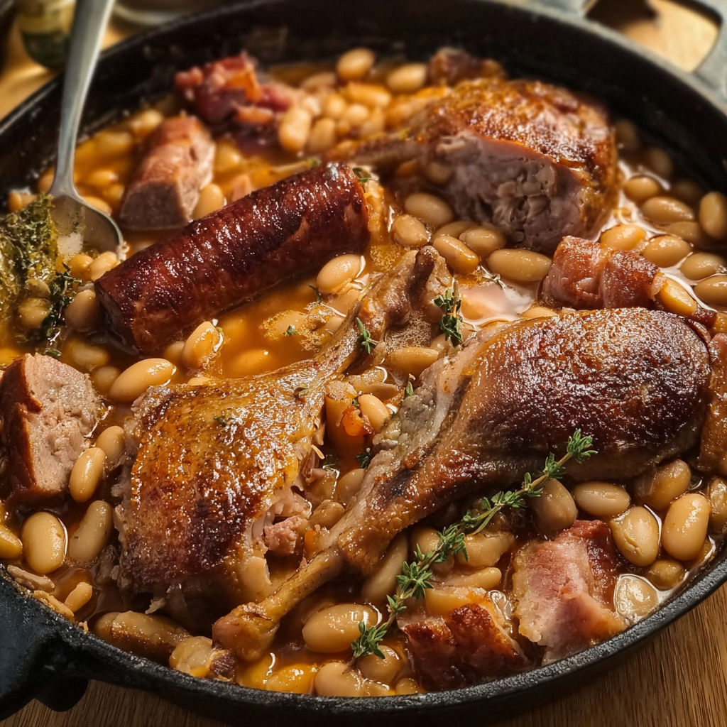 Une recette de Cassoulet maison généreux aux saucisses canard confit et porc mijoté.