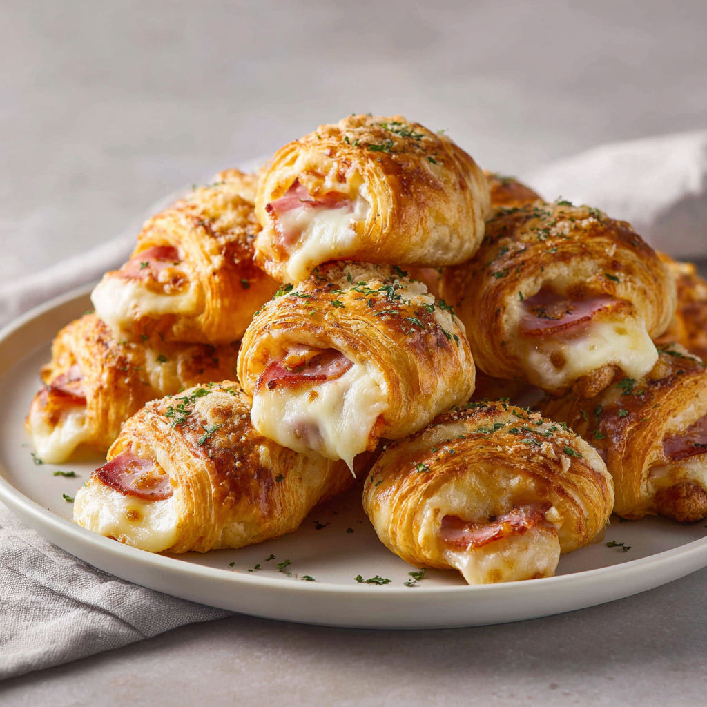 Mini croissants feuilletés façon pizza au jambon et mozzarella fondante.