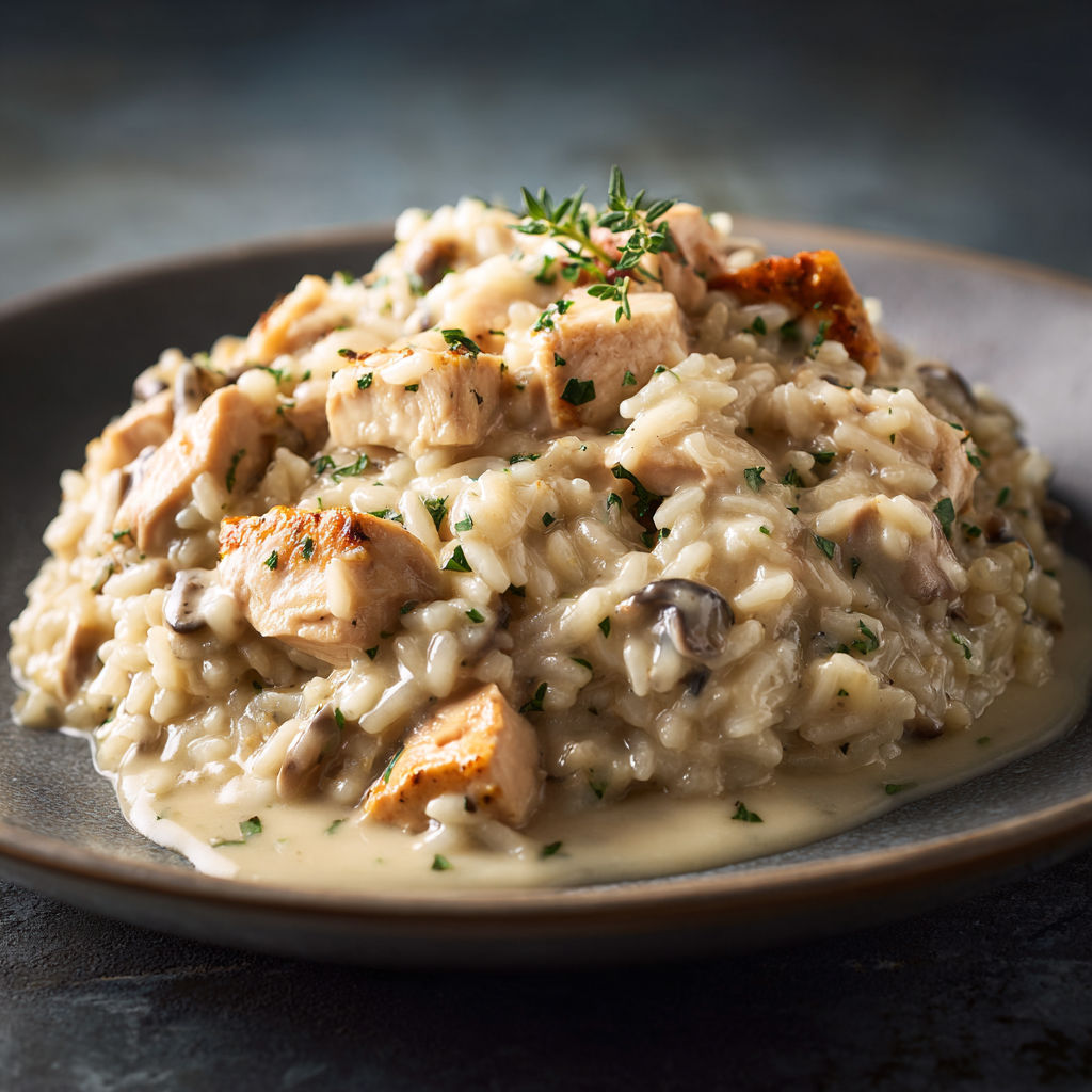 Une recette de Risotto crémeux au poulet et champignons délicats.