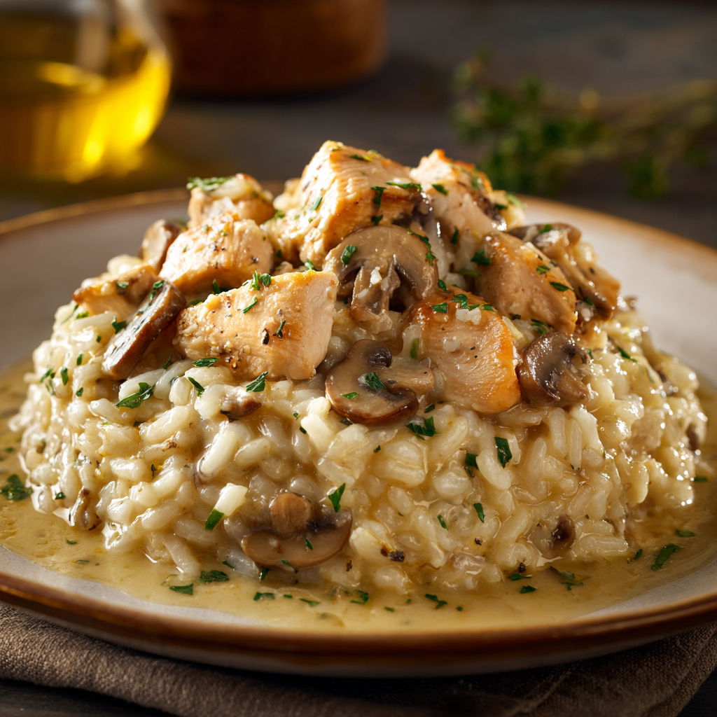 Une recette de Poulet tendre et champignons dans un risotto fondant.