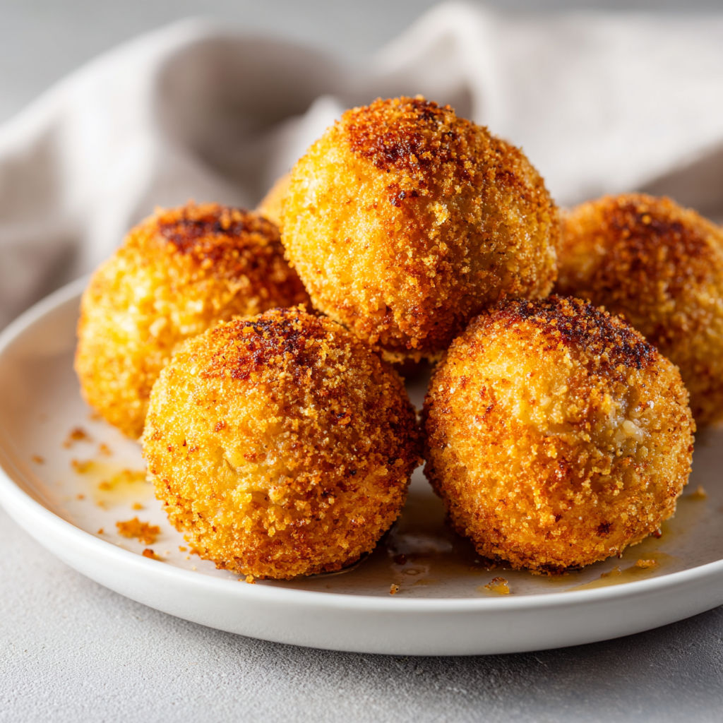 Boulettes de risotto croustillantes au cœur fondant de mozzarella.