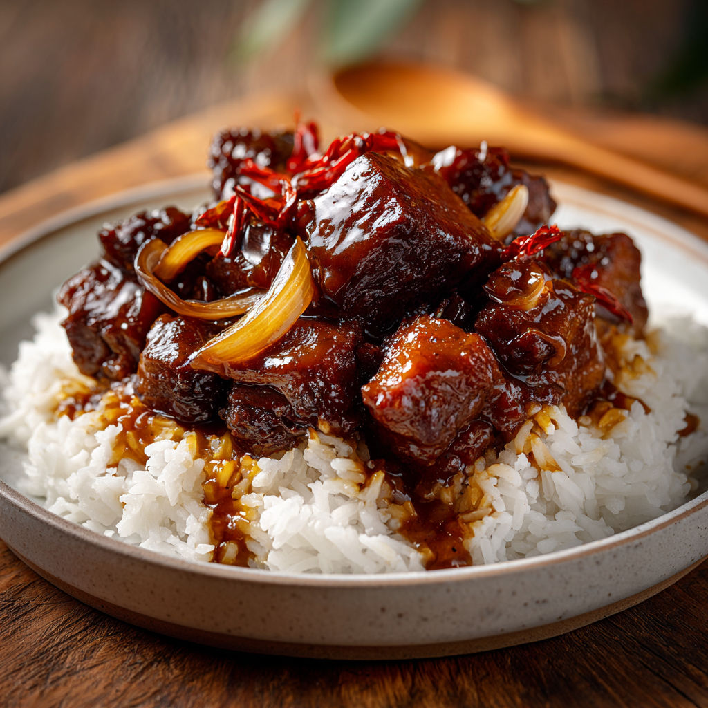 Un plat de porc au caramel sur une table.