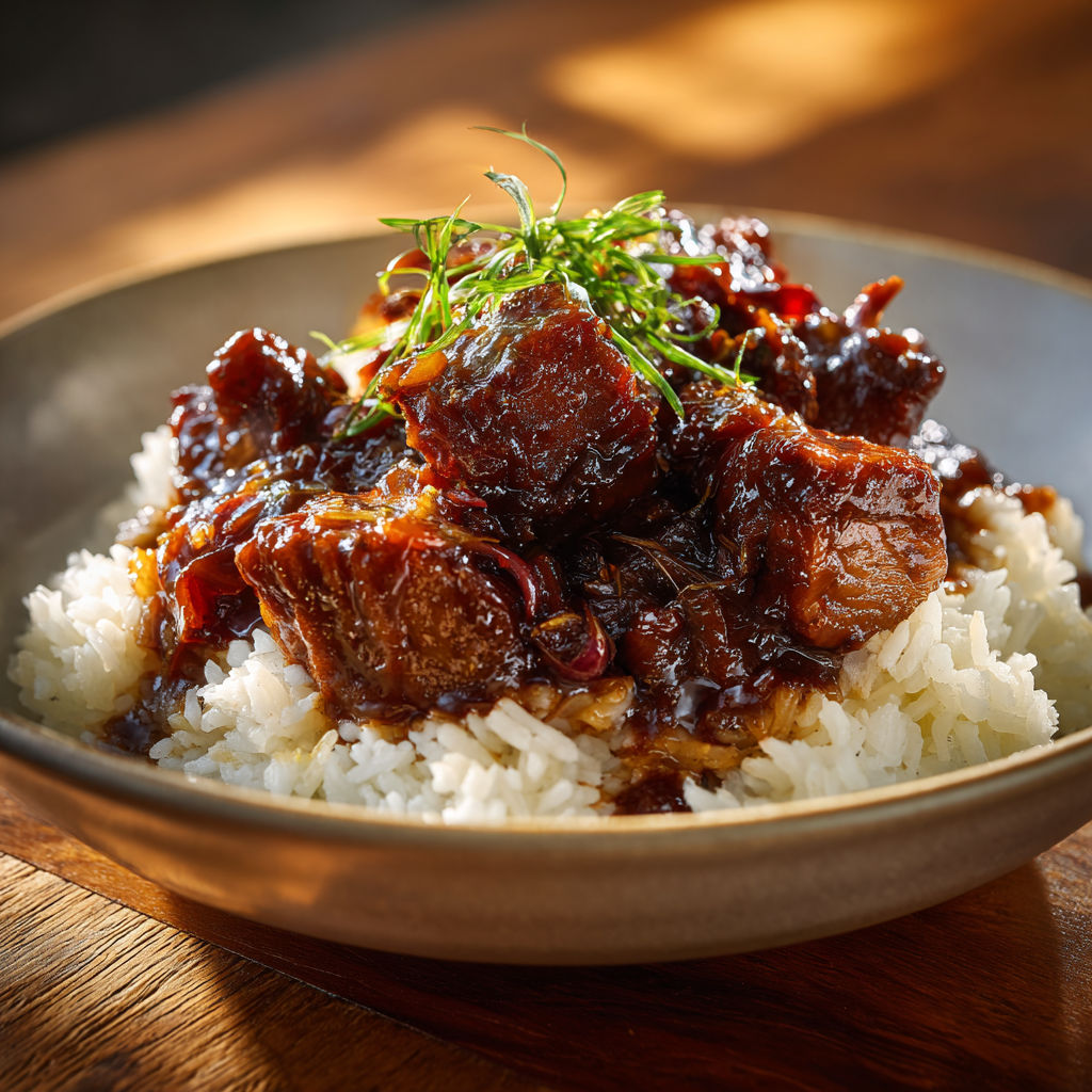 Un plat de Porc caramélisé maison mijoté lentement à la sauce soja et nuoc mâm.