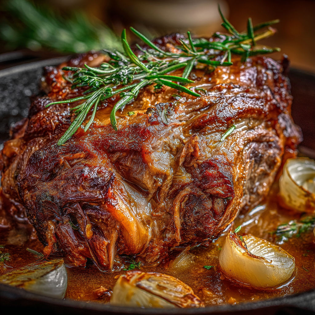 Agneau confit fondant cuisson lente aux herbes.