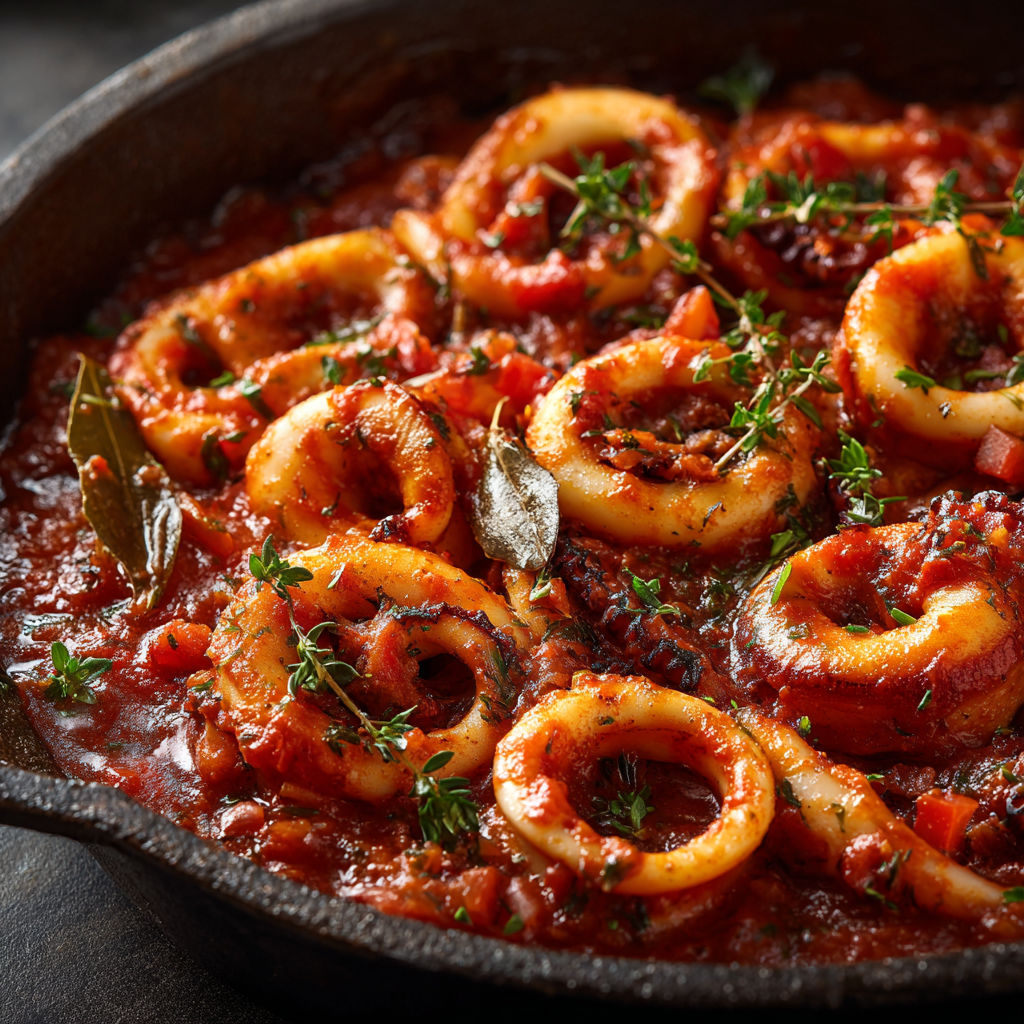 Anneaux d'encornets à la provençale dans un bol en fonte.