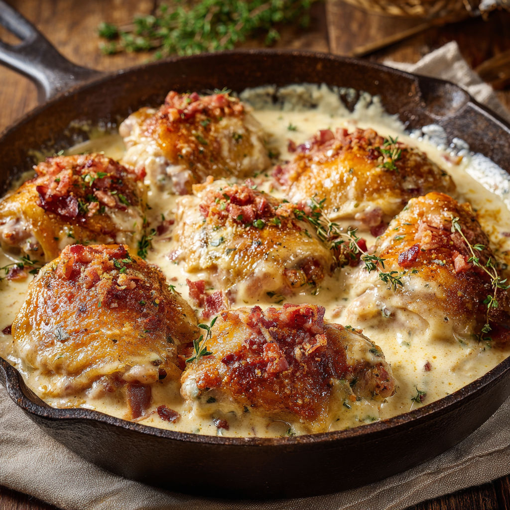 Une recette de Poulet fondant mijoté dans une crème de parmesan au jambon de Parme.