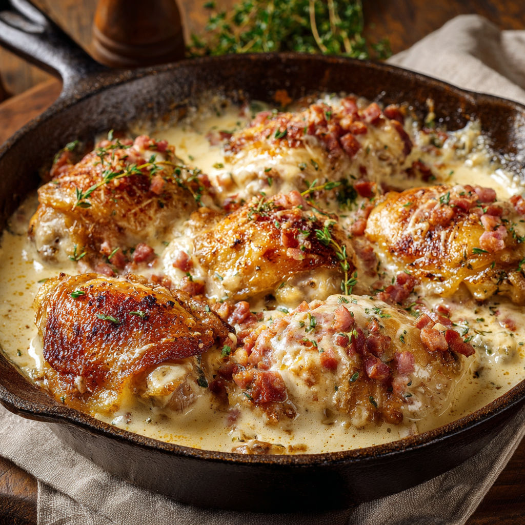 Hauts de cuisses de poulet ultra crémeux au parmesan et herbes.