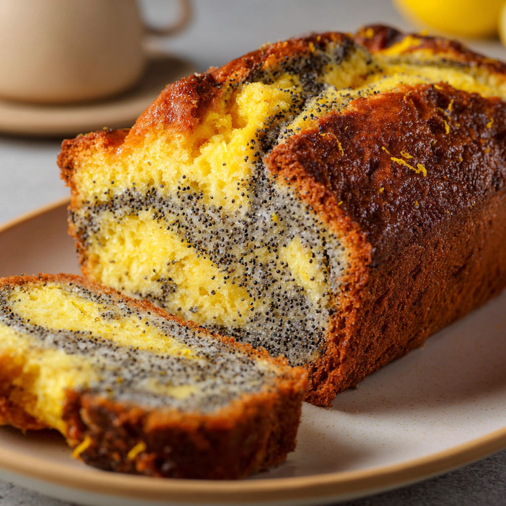 Une portion de Cake citron pavot ultra moelleux au marbrage élégant.