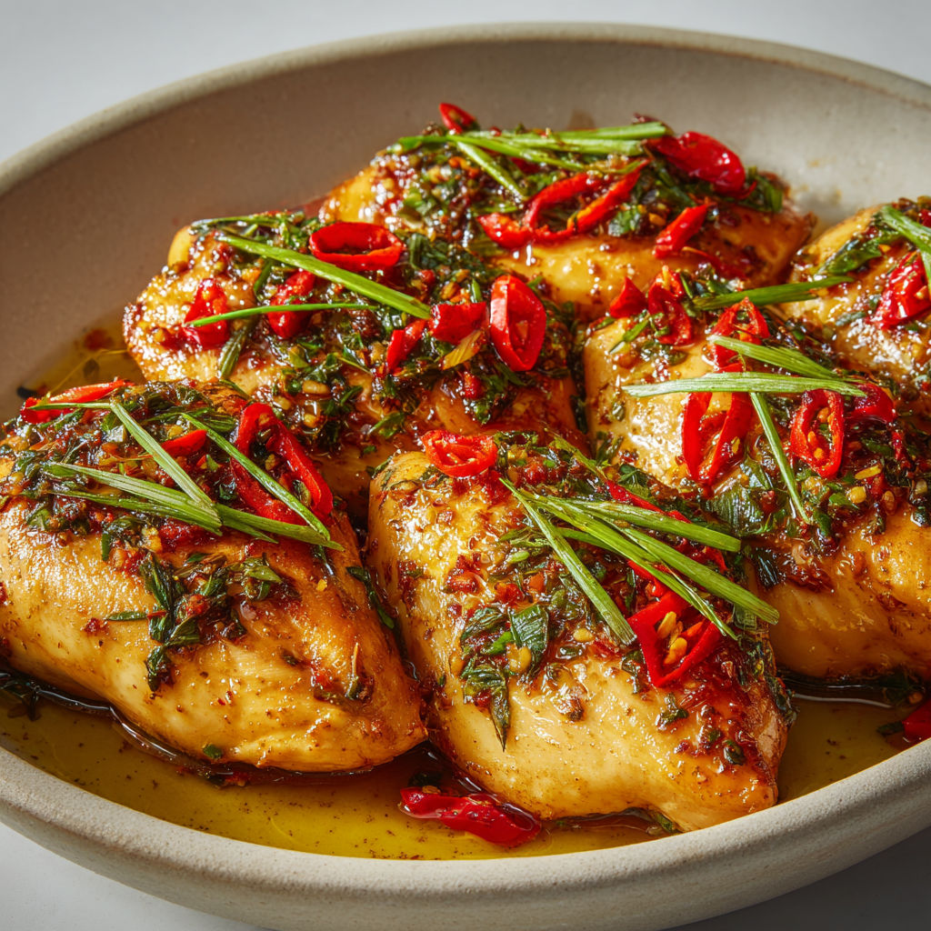Une assiette de poulet aux épices minceur, avec des herbes et des pépins, est servie sur une table blanche.