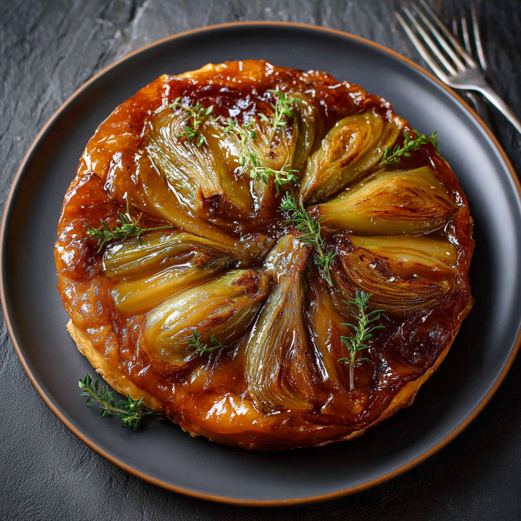 Une tarte Tatin Salée aux Endives et Fromage Bresse Bleu, est servie sur un plateau.