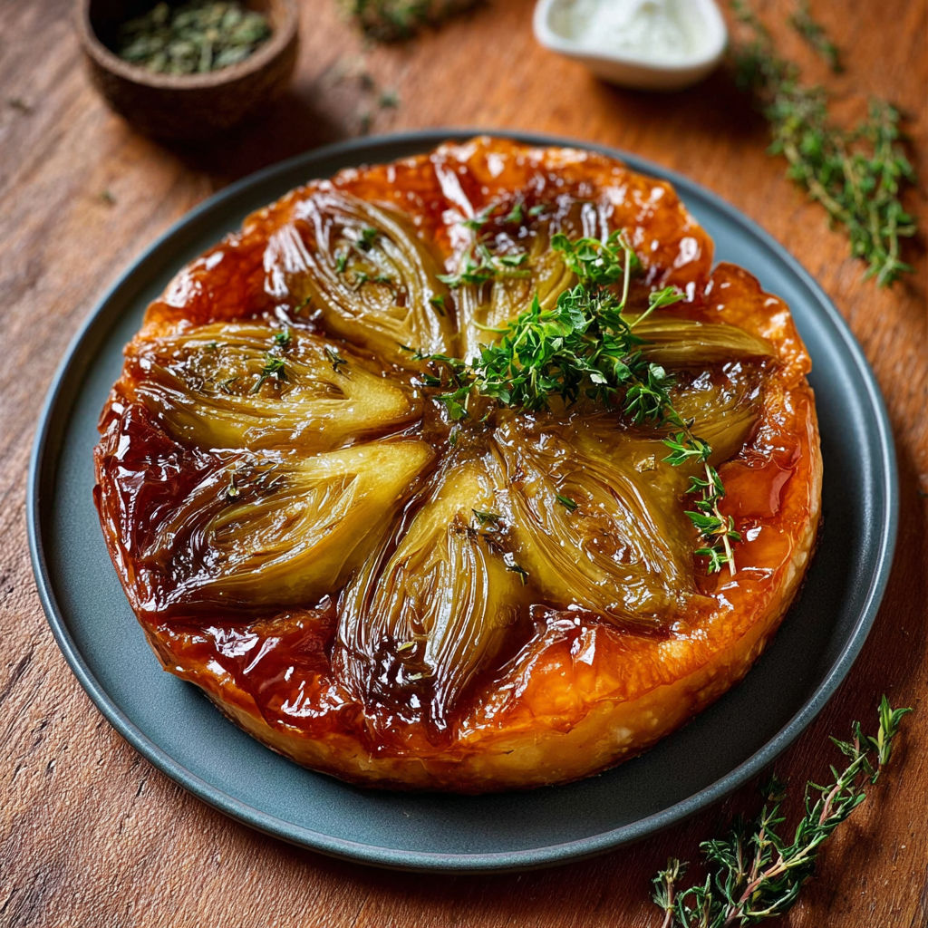 Une tarte Tatin d’Endives Caramélisées au Bresse Bleu, est servie sur un plateau.