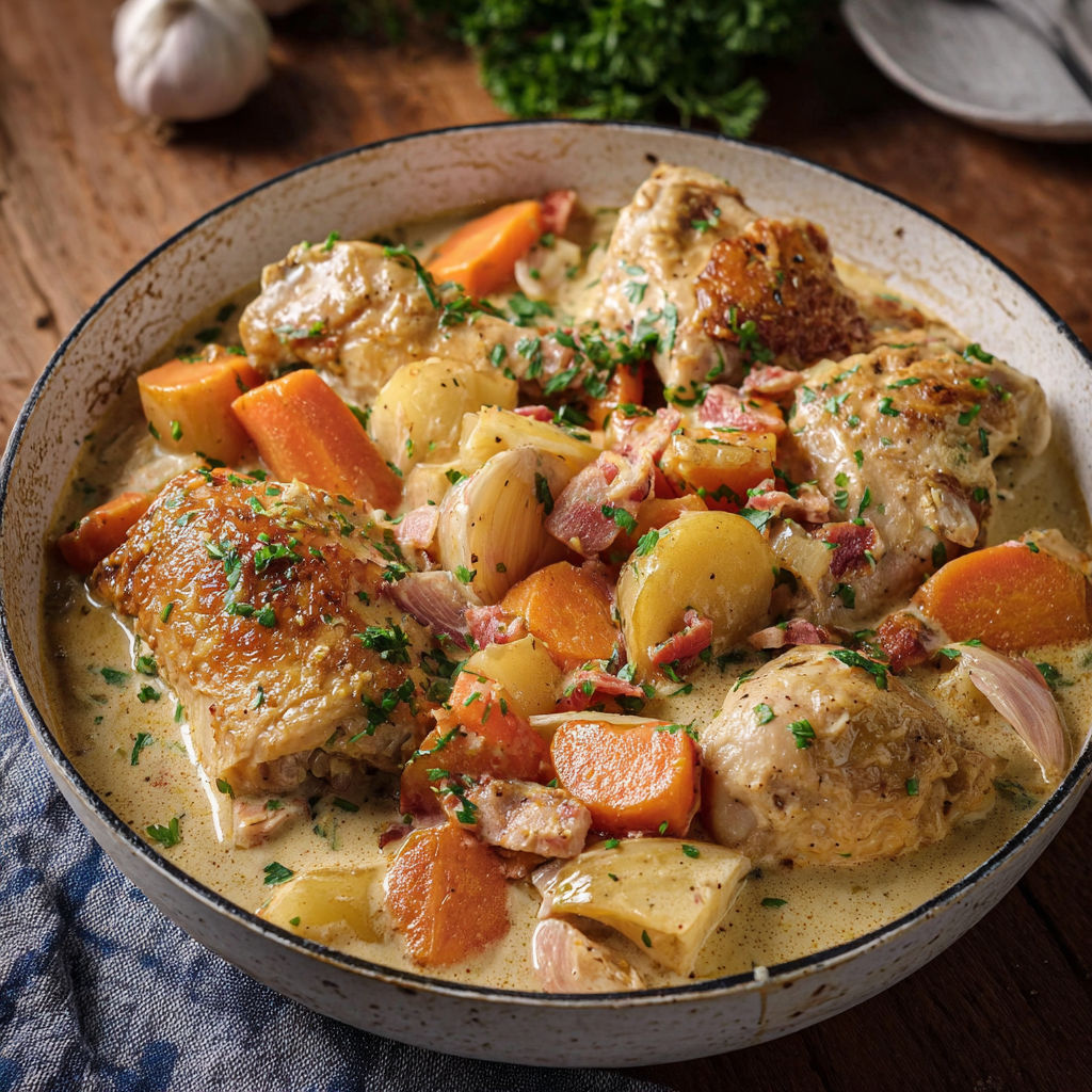 Un plat de poulet cocotte avec des légumes et des herbes, inspiré par la recette de Cyril Lignac.