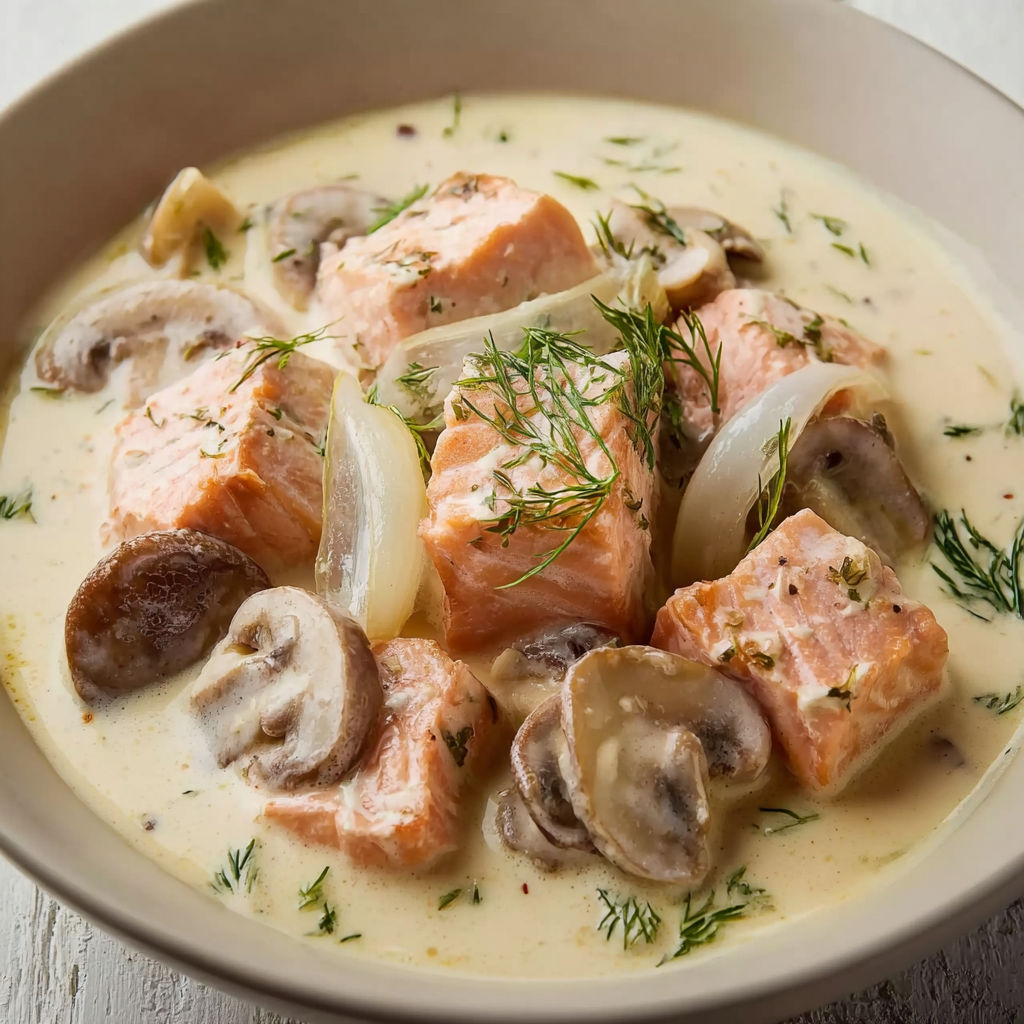 Une cassolette de saumon est servie dans un bol sur une table.