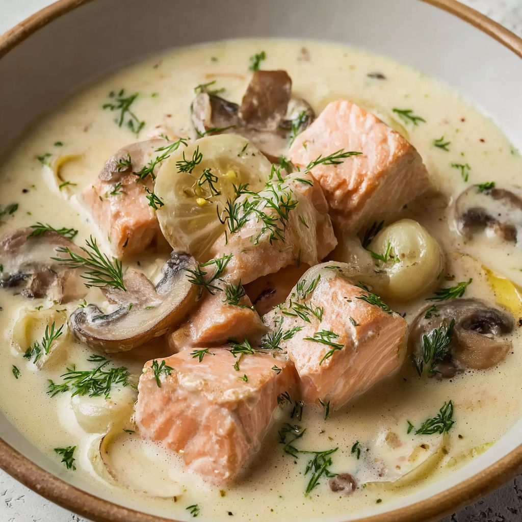Une recette de Cassolette de saumon crémeuse aux champignons.