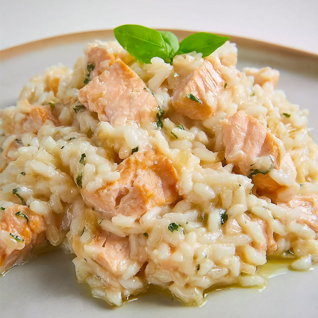 Risotto crémeux au saumon et vin blanc.