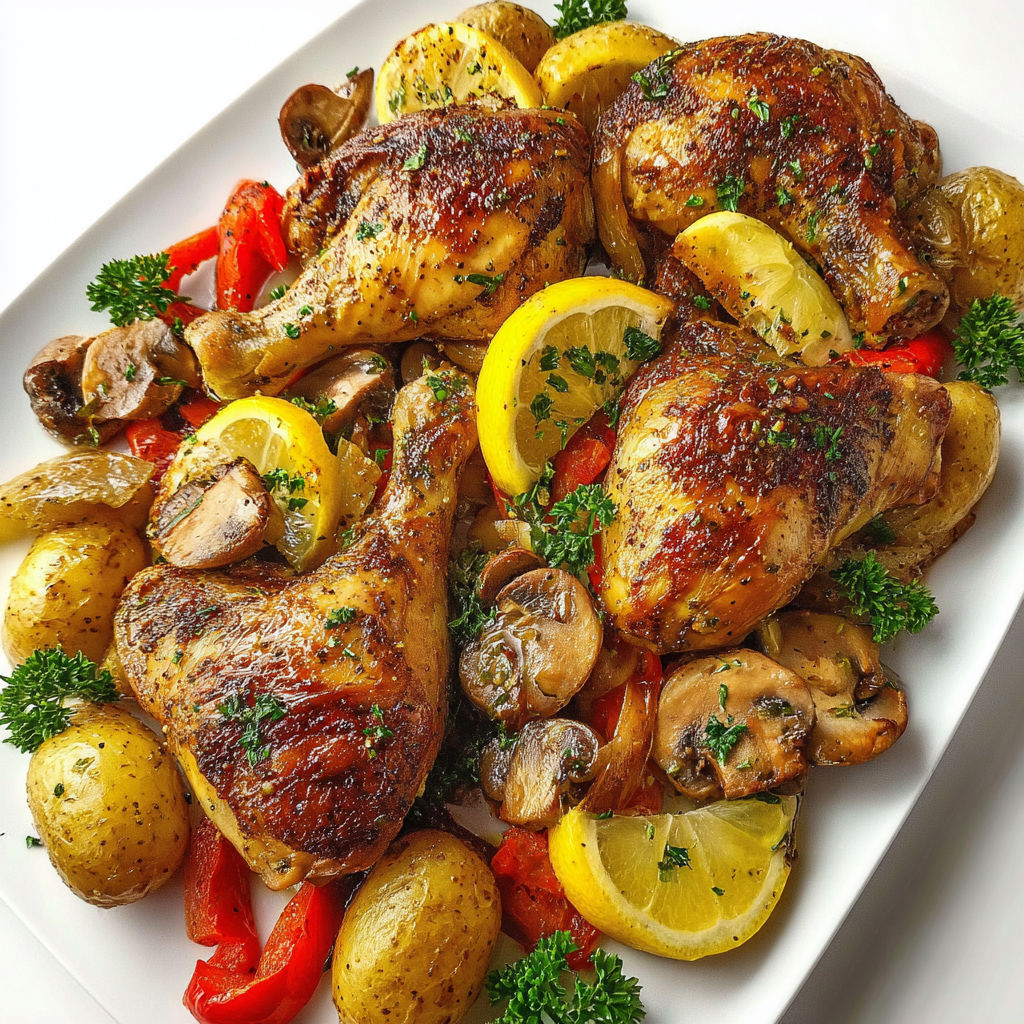 Cuisses de poulet dorées au citron avec pommes de terre et légumes rôtis.