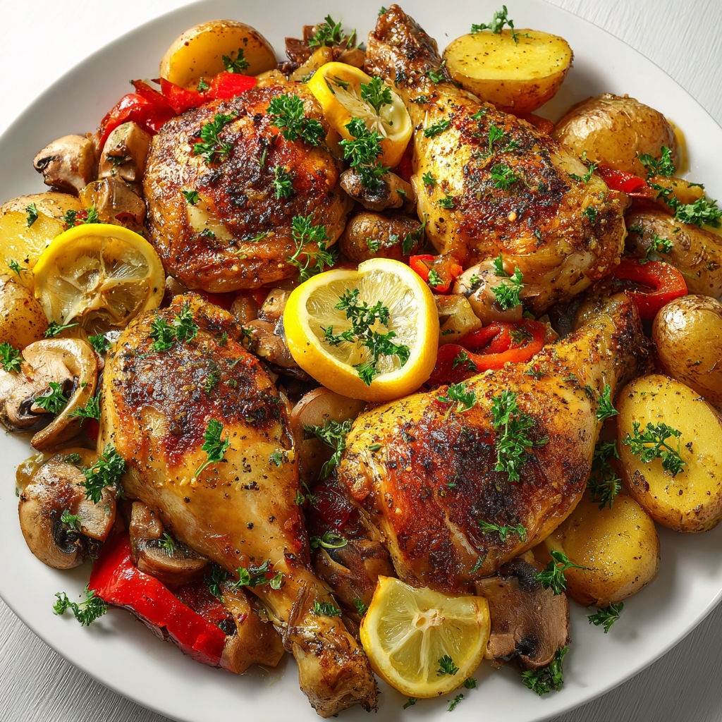 Poulet citronné au four aux légumes généreux et parfumés.