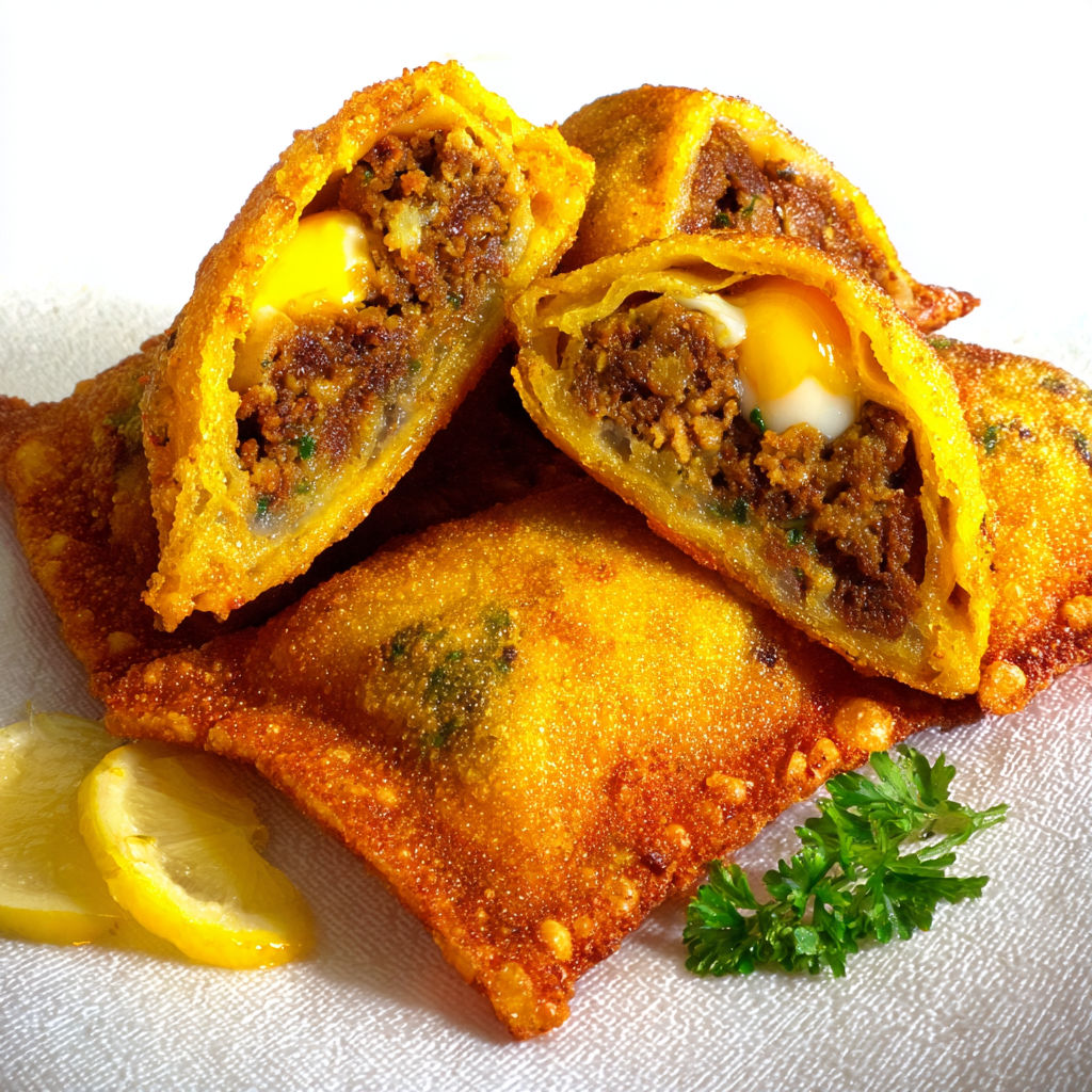 Un brick à la viande hachée et œuf est présenté sur une assiette blanche.