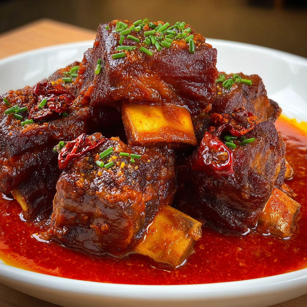 Côtes de bœuf longuement braisées en sauce tomate épicée et parfumée.