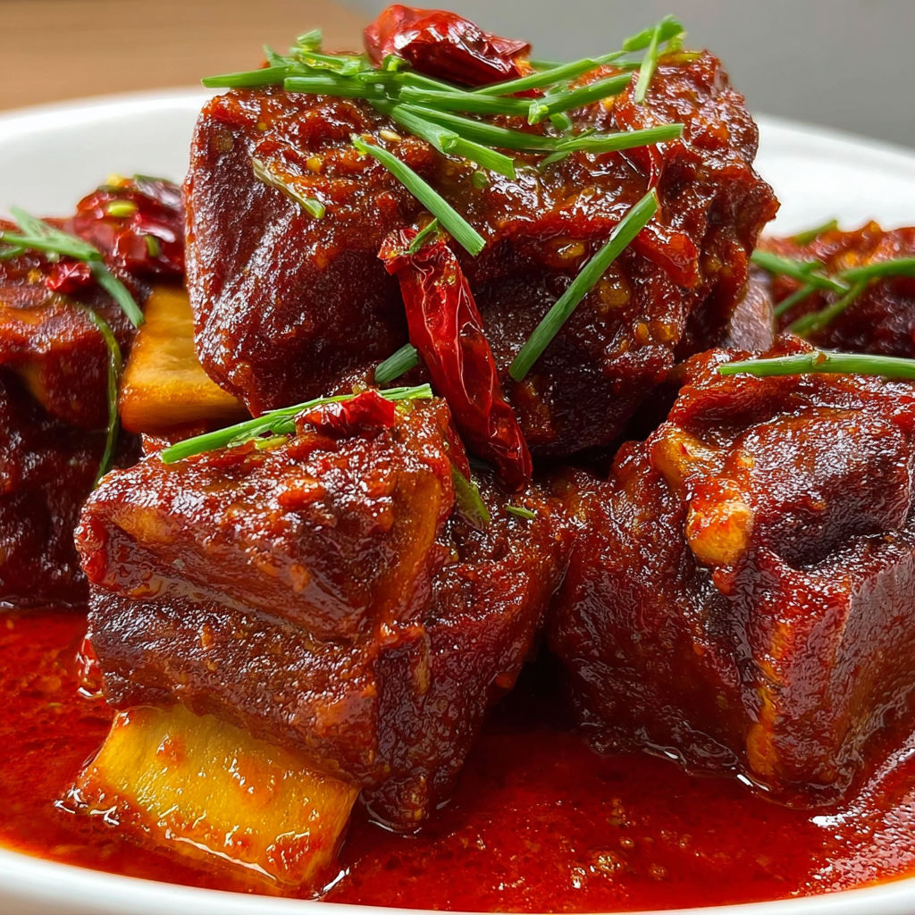 Une recette de Côtes de bœuf fondantes mijotées lentement dans une sauce rouge aux épices.
