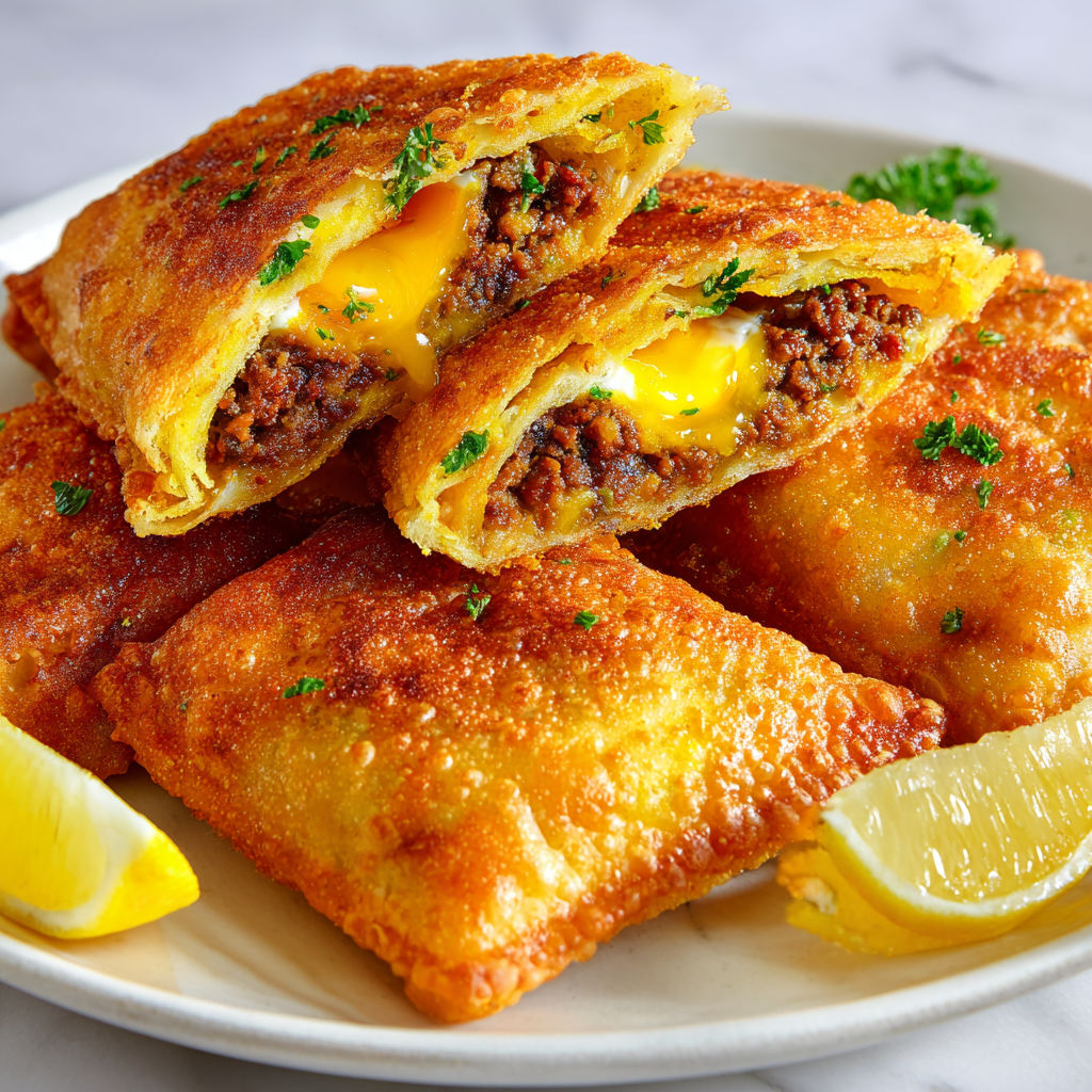 Brick croustillante a la viande hachee avec oeuf coulant.