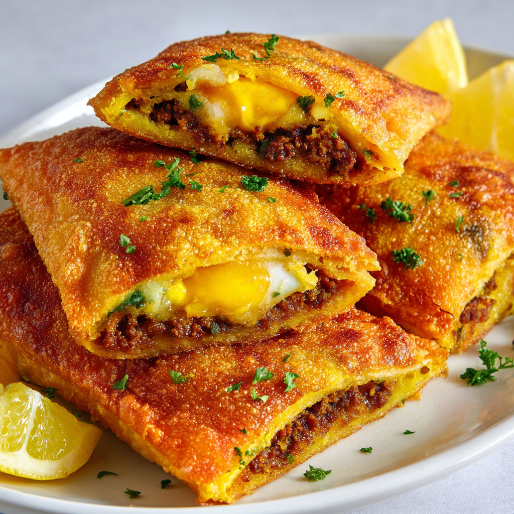 Brick maison croustillante garnie de boeuf epice et oeuf au coeur.