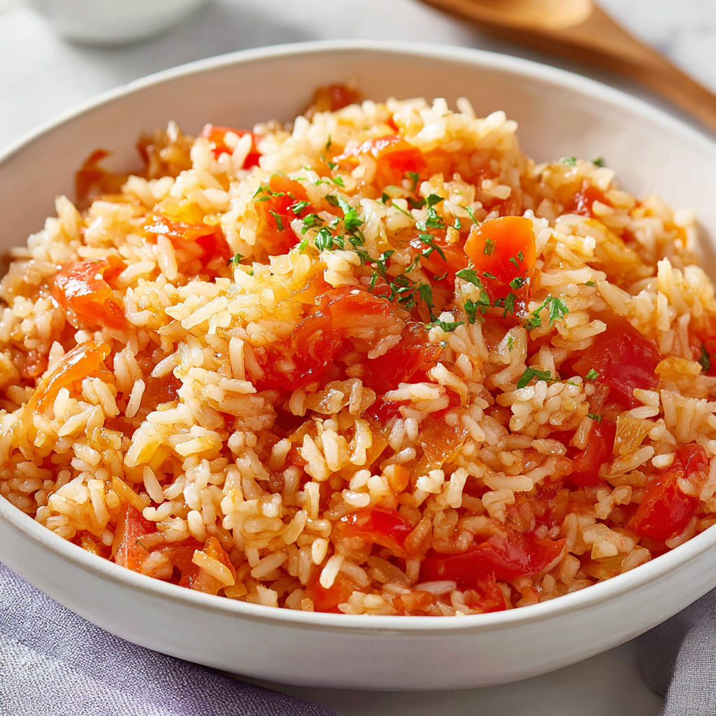 Un plat de riz aux tomates façon grand-mère, avec des herbes et des tomates, est servie sur une table.