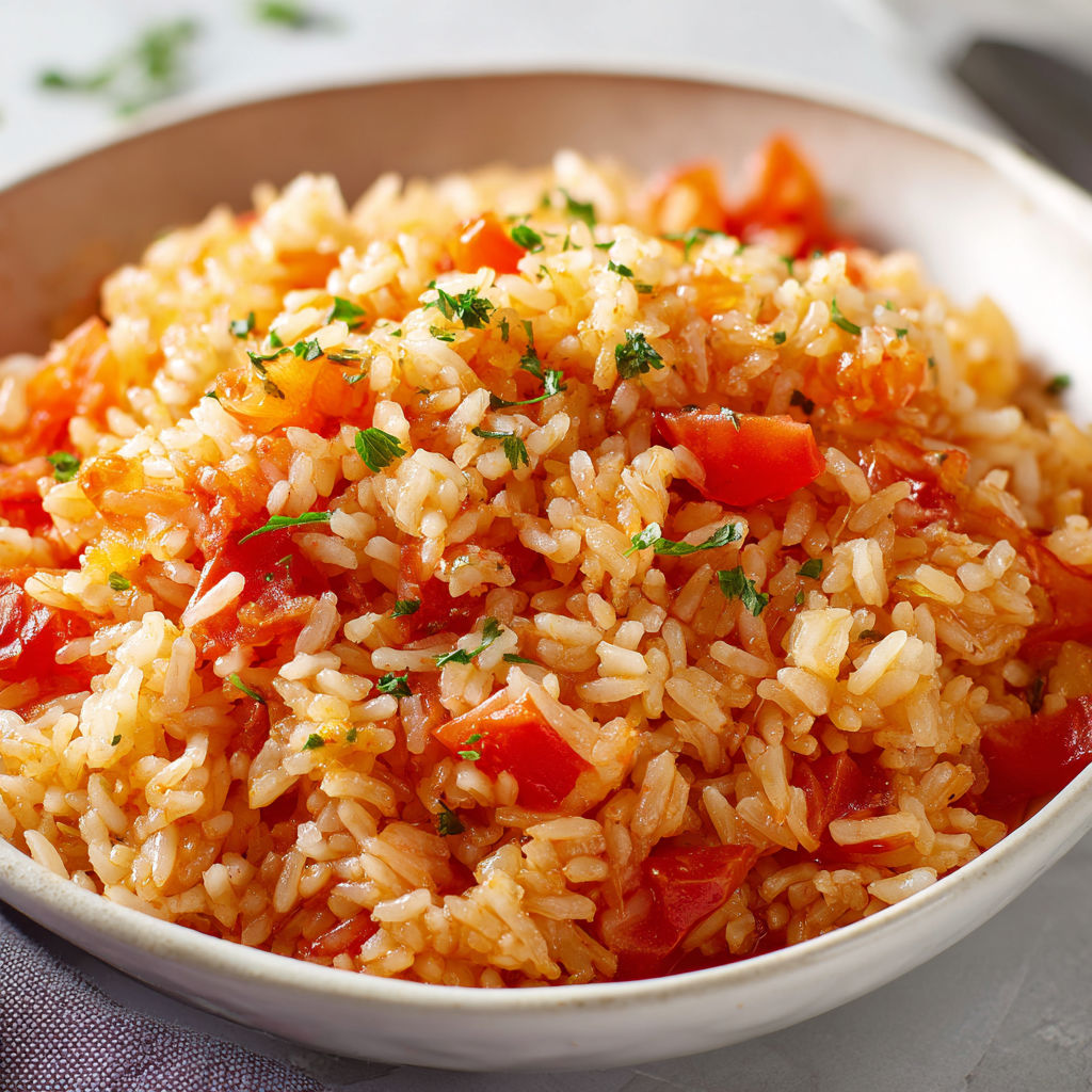 Un plat de riz avec des tomates et des herbes.