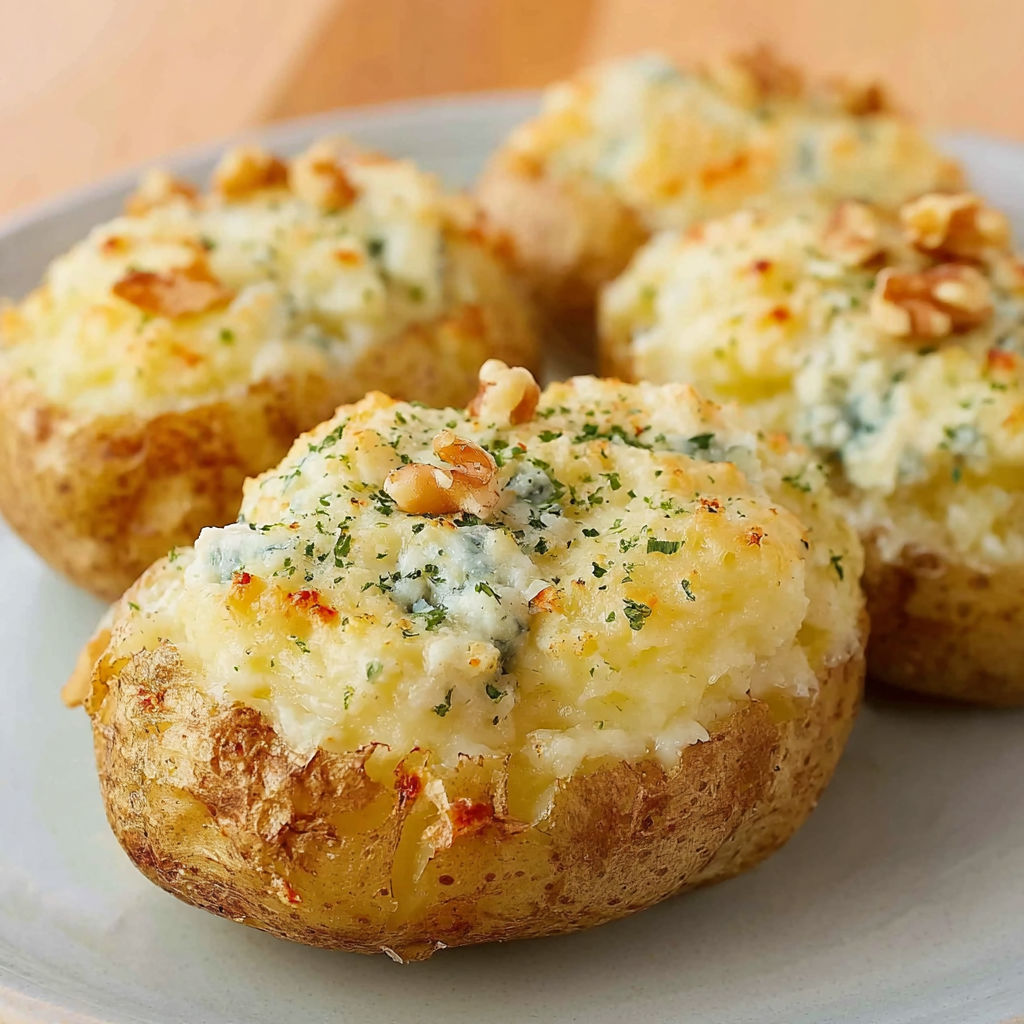 Pommes de terre fondantes au roquefort et noix.