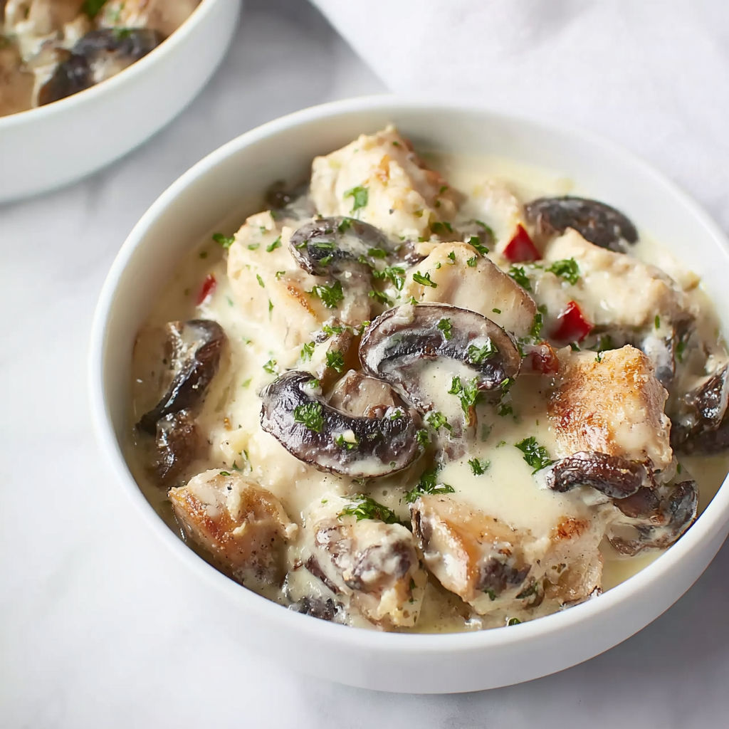 Une recette de Blanquette de poulet crémeuse aux champignons fondants.