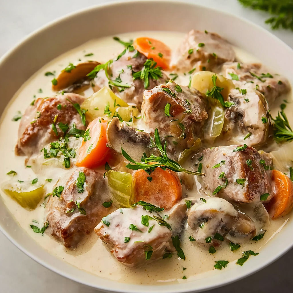 Une blanquette de veau au airfryer est servie dans un bol.