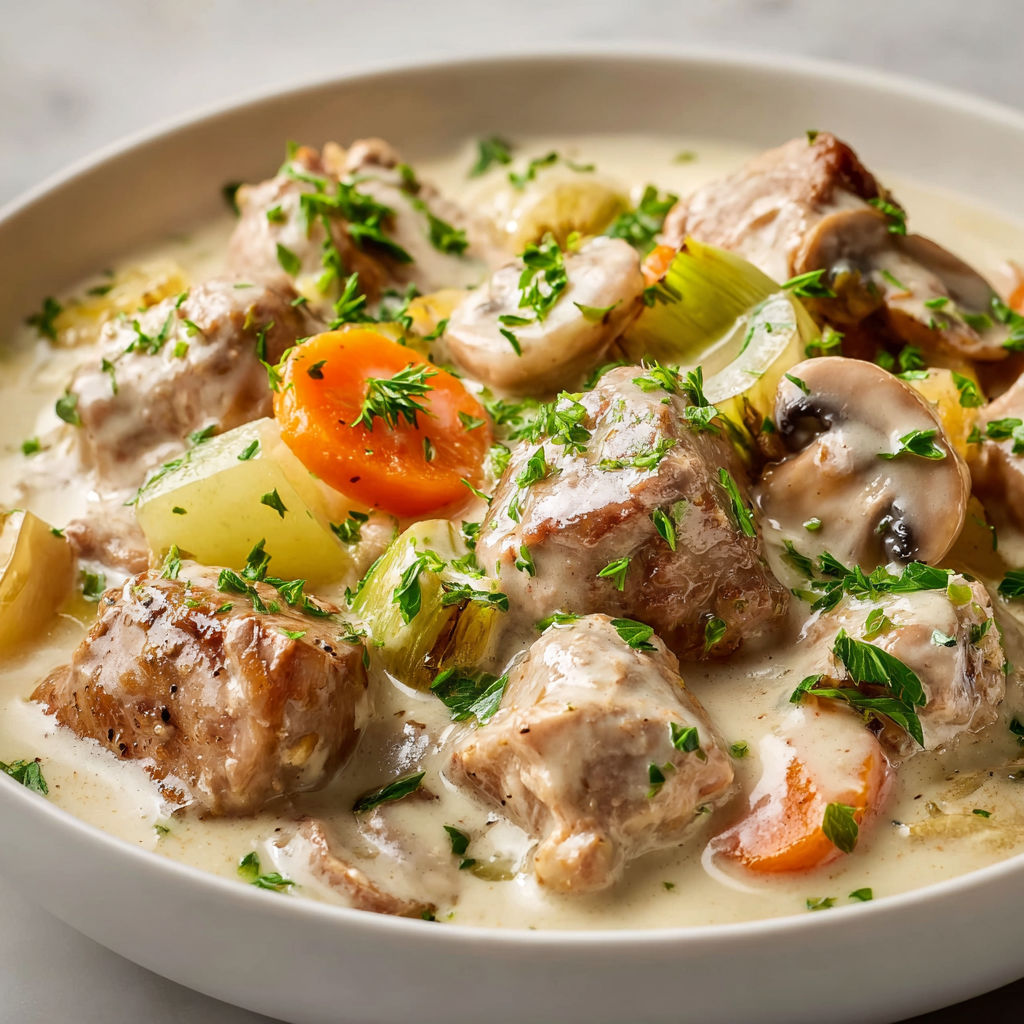 Blanquette de veau crémeuse et légère au airfryer avec des légumes et des carottes.