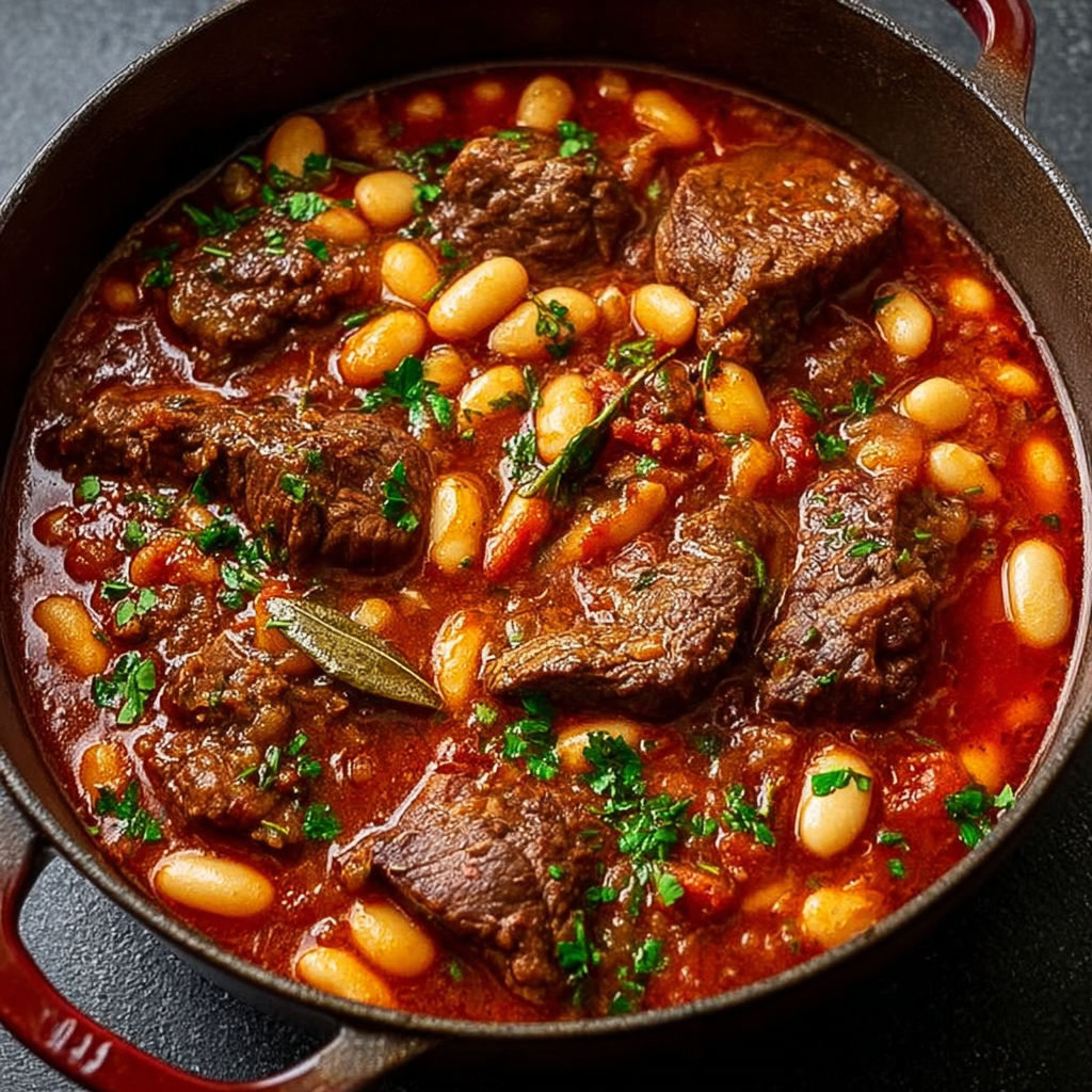 Un pot de bouillon de viande avec des haricots verts et des épinards.