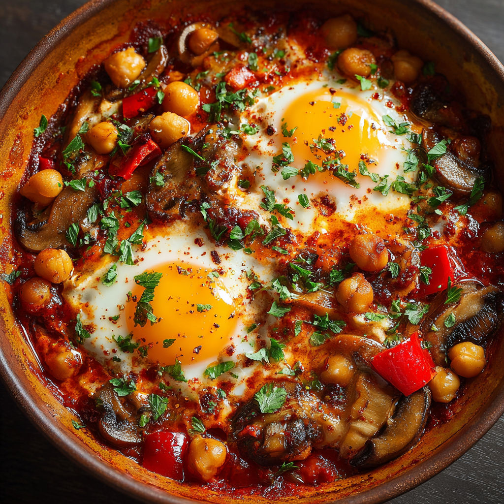Une recette de Chakchouka d'Hiver est servie dans un bol en terre.