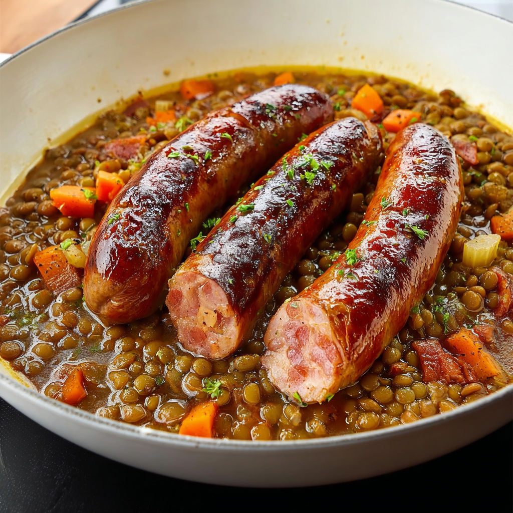 Saucisses de Montbéliard aux lentilles vertes du Puy recette réconfortante.