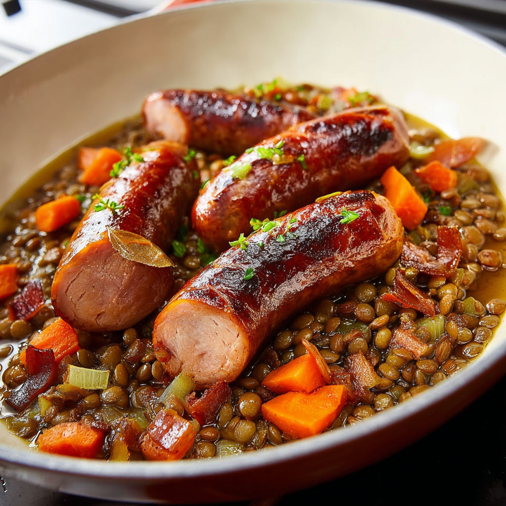Une recette de Lentilles vertes mijotées aux saucisses fumées Montbéliard.