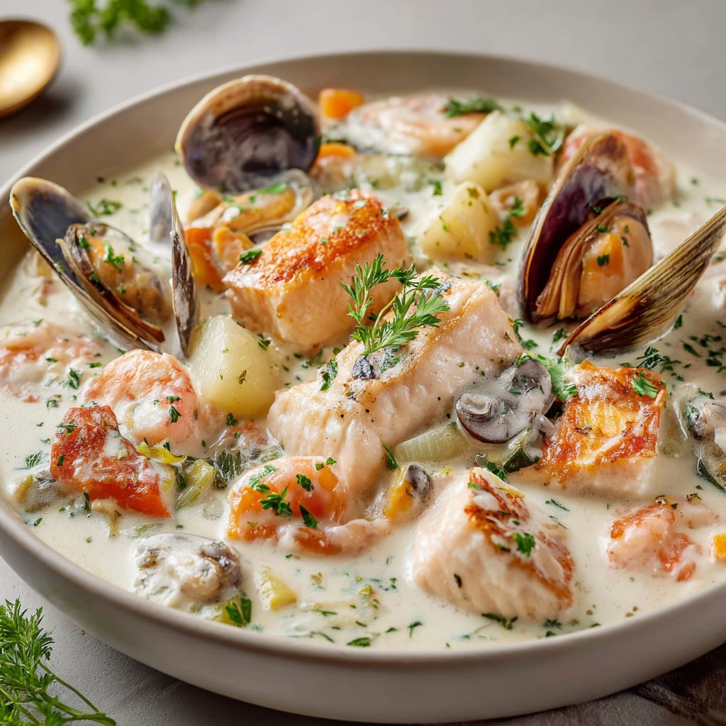 Plate of food with a variety of ingredients, including fish, potatoes, and mushrooms, all cooked together in a creamy sauce.