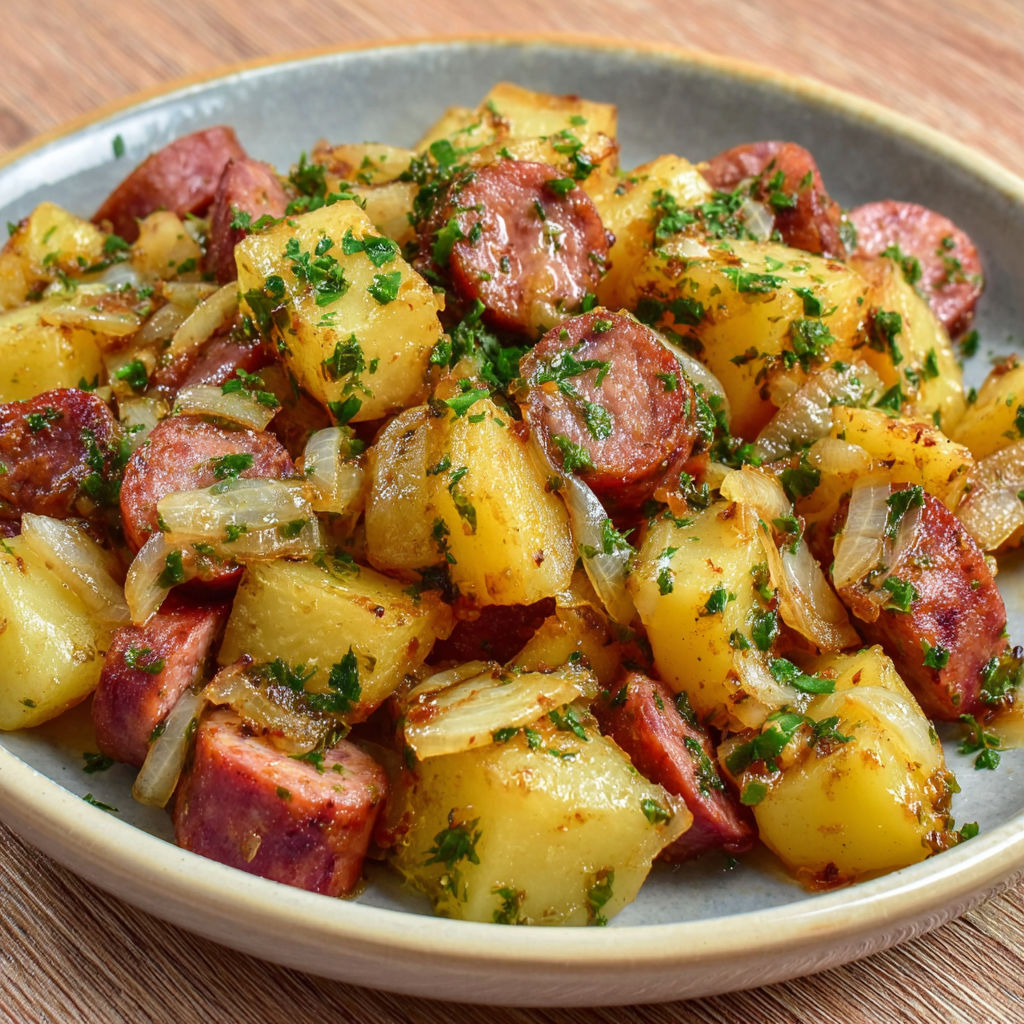 Une assiette de pommes de terre sautées avec des herbes et des saucisses paysannes.