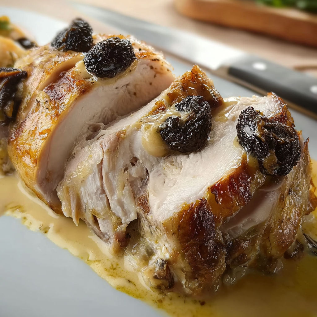 Un morceau de rôti de chapon avec des morilles et une crème.