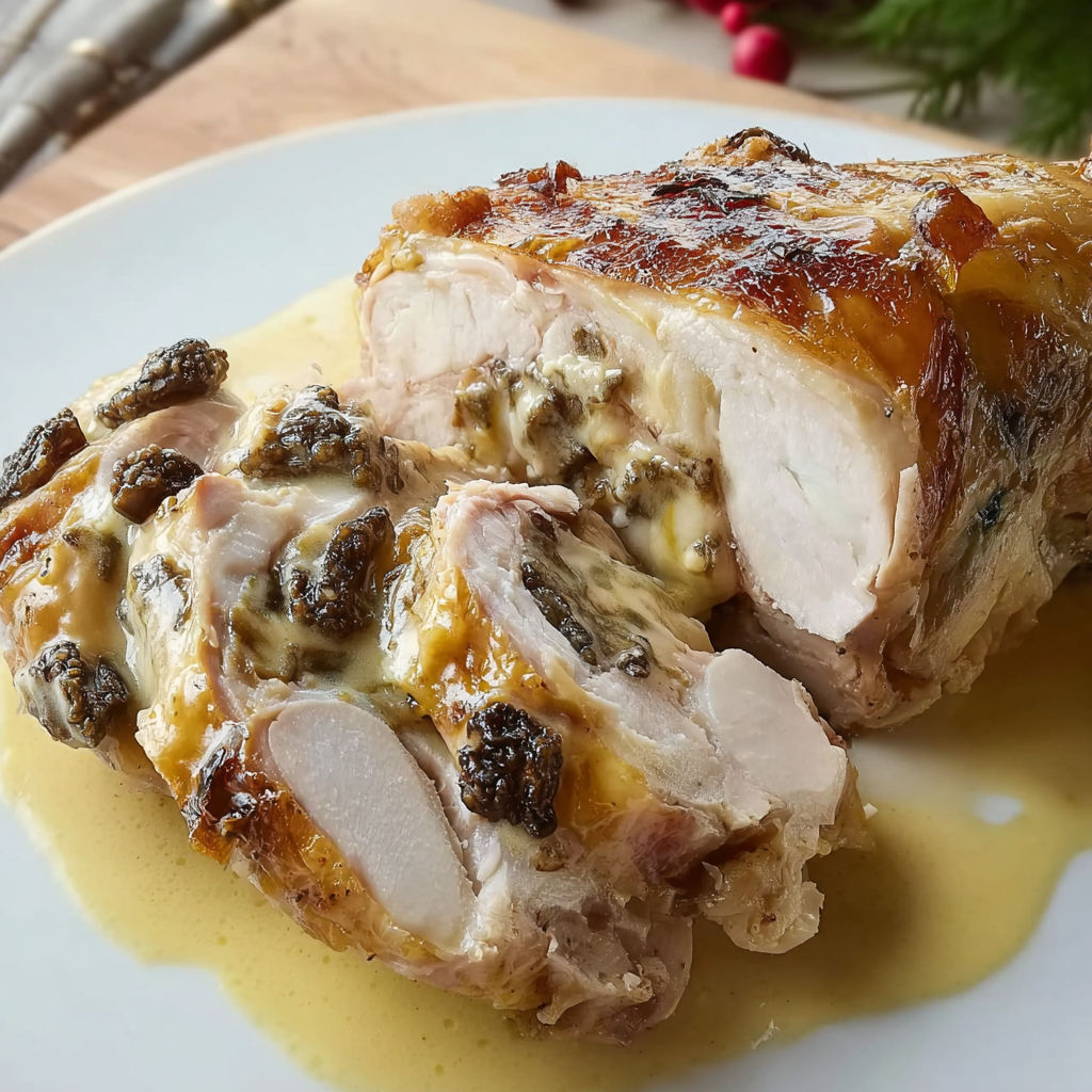Une pièce de poulet grillé avec des champignons et des baies, accompagnée d'une sauce au citron.