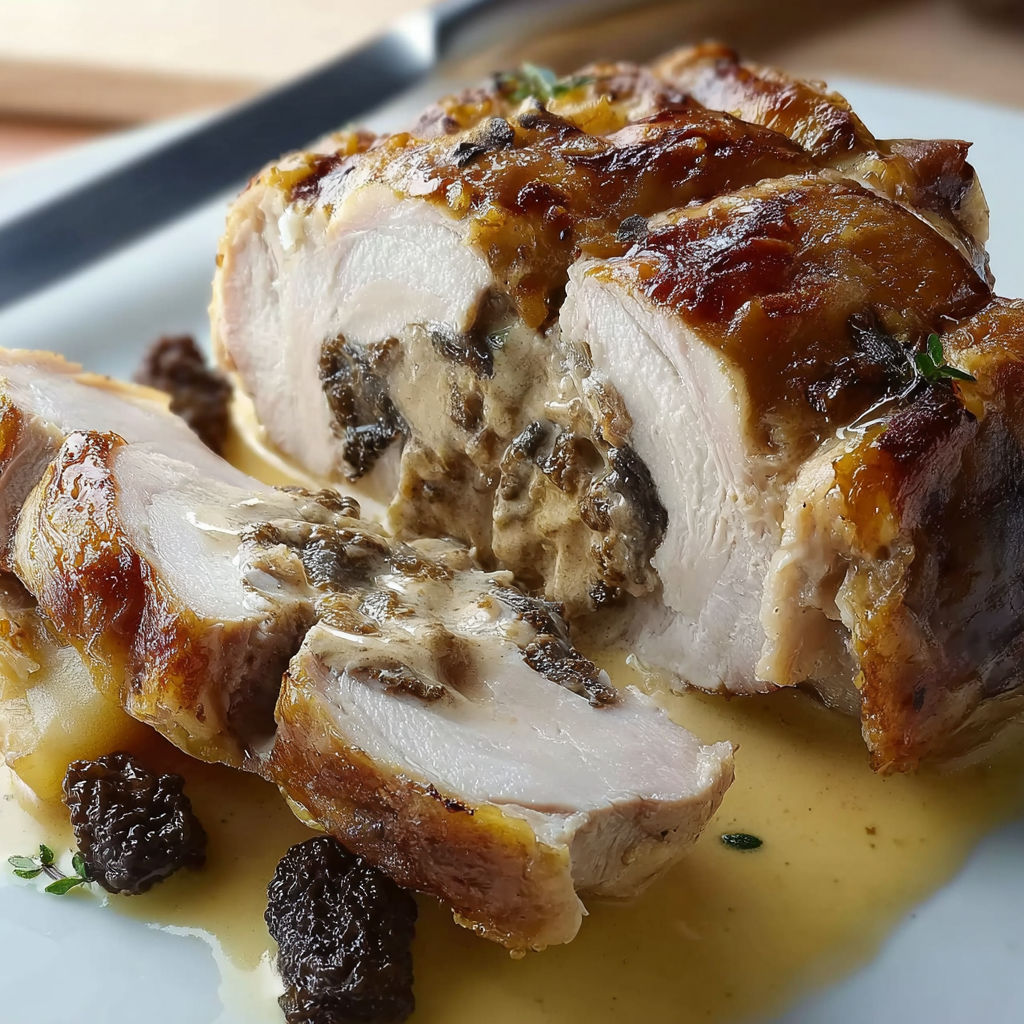 Une viande de poulet grillée avec des champignons et des herbes, accompagnée d'une sauce au citron.