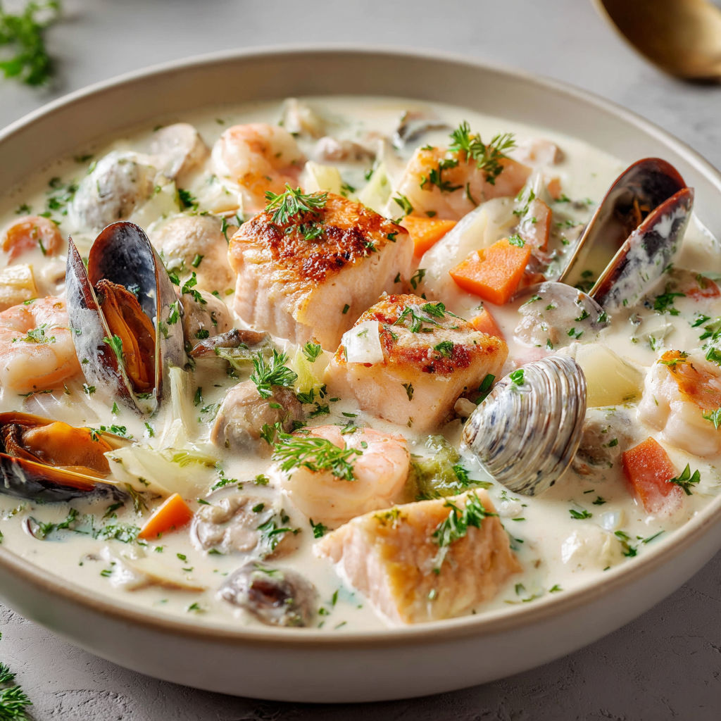 Une recette de bouillabaisse avec des moules, des crevettes, des carottes et des herbes.