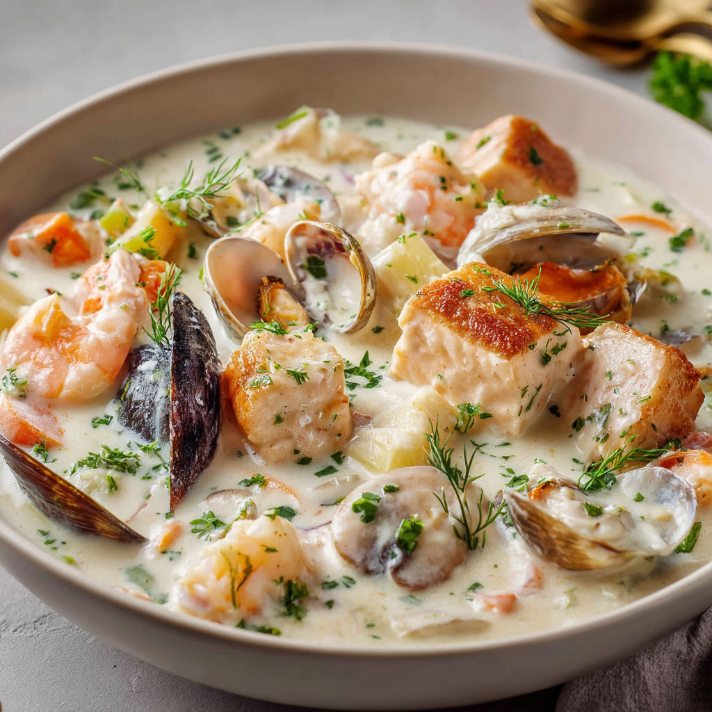 Plate of seafood soup with shrimp, scallops, and clams.