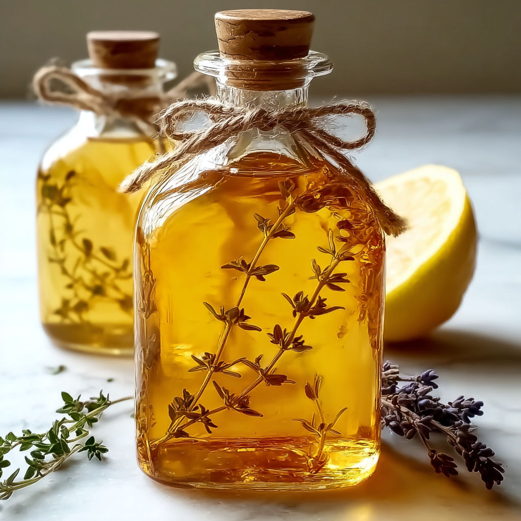 Un vase de sirop de thym maison est posé sur une table avec une citron vert et une poignée de herbes.