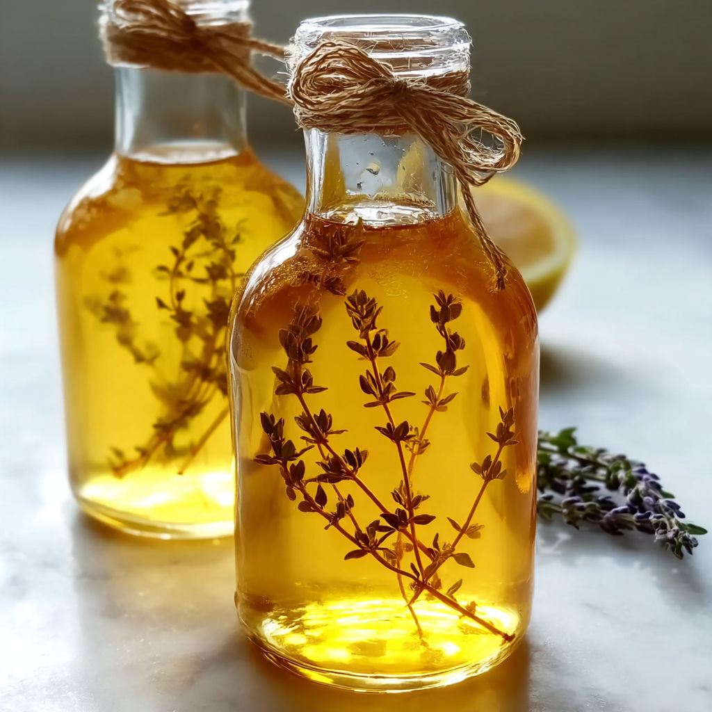 Sirop de thym fait maison aux notes herbacées pour tisanes desserts et boissons.