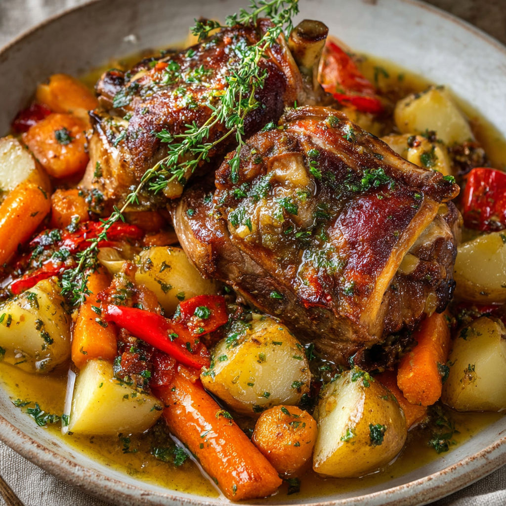 Une assiette de jarret de porc confit aux légumes racines et jus aux herbes, accompagnée de carottes et de pommes de terre.