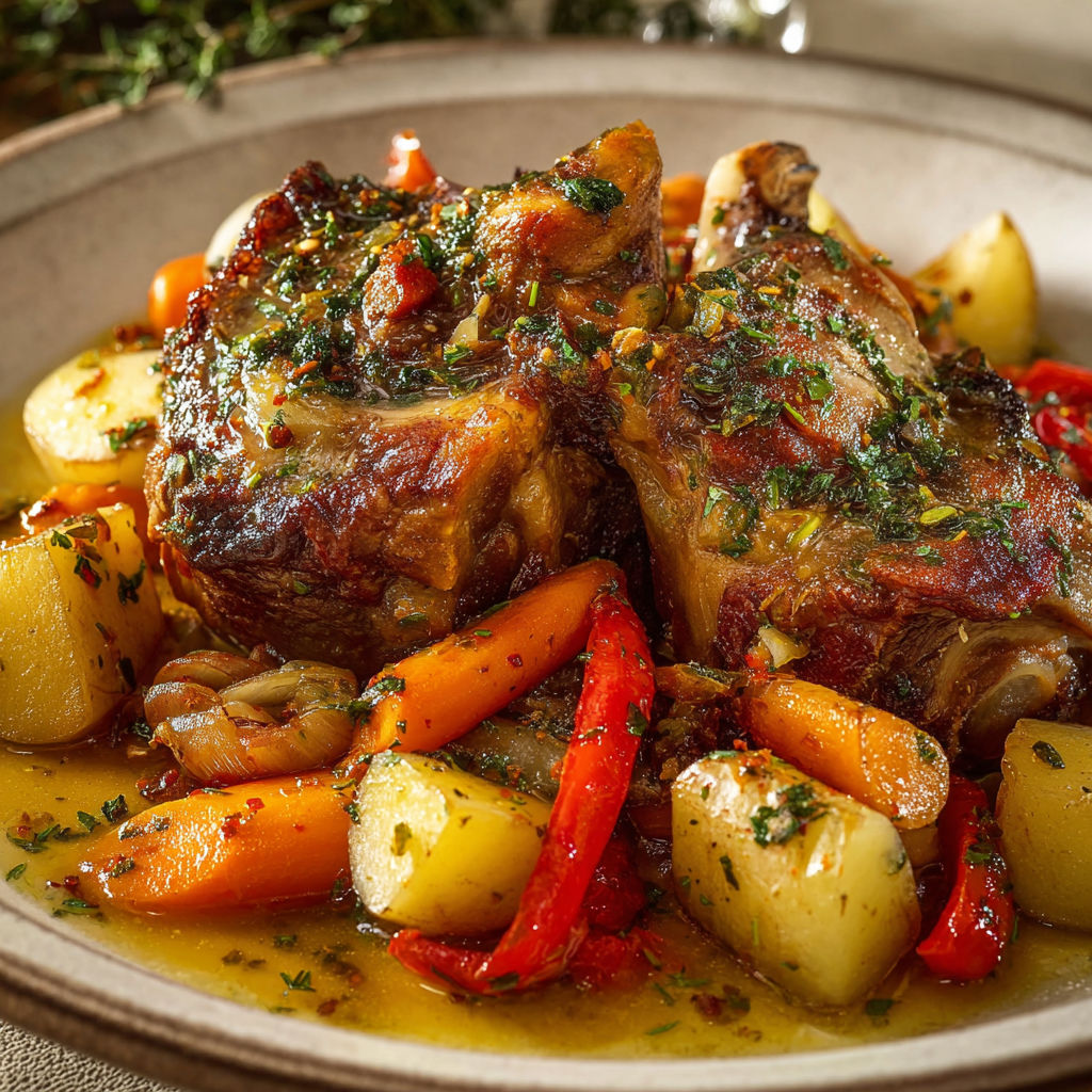 Jarret de porc confit aux légumes racines et jus aux herbes, une recette savoureuse et délicieuse.
